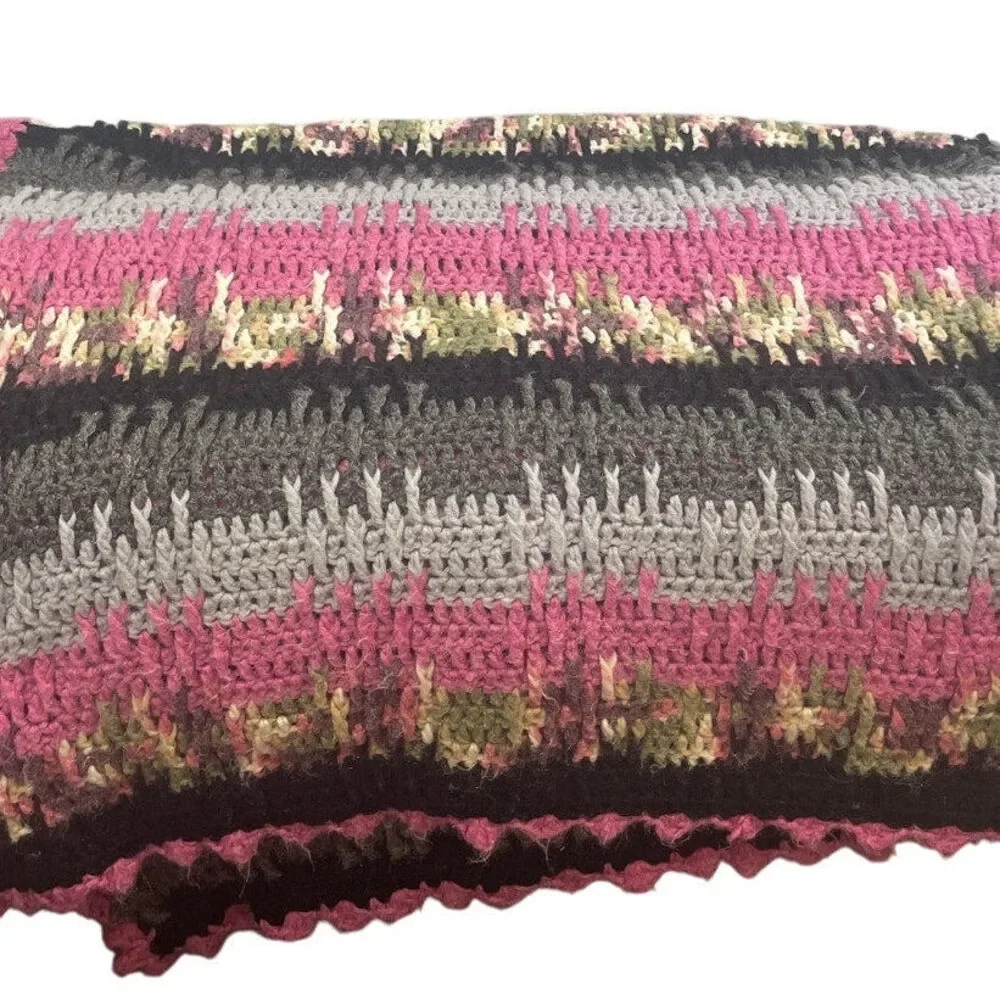 Handmade Vintage Crocheted Multicolor Stripe Blanket Acrylic Yarn Afghan Throw